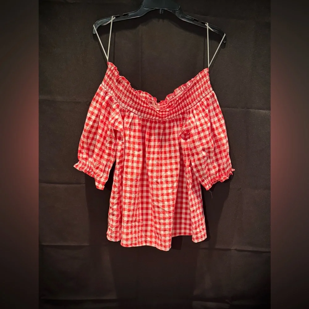 LOFT Red and White Gingham Off-Shoulder Blouse